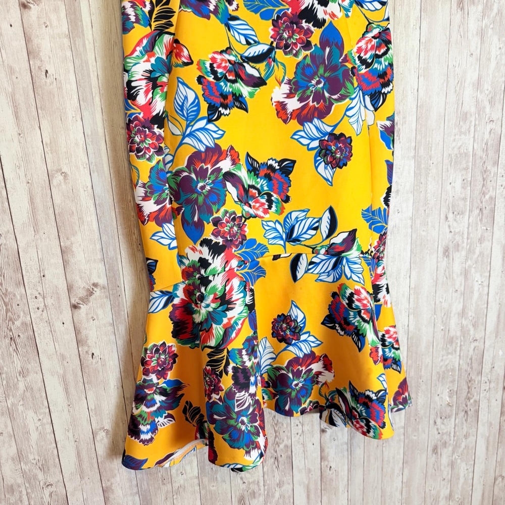 Calvin Klein Yellow Floral Sheath Dress Ruffled Hem - Picture 3 of 8